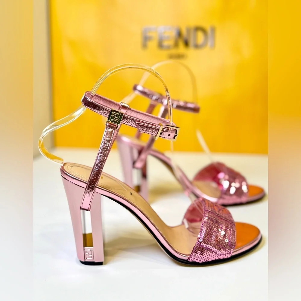 Fendi Delfina Heel Strap Sandals Pink Metallic Goat Leather FF Sequin Size 37 - Picture 3 of 16